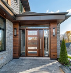 A beautiful wooden front door of a modern home with glass windows and side lights on the exterior, real estate