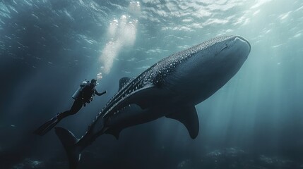 Fototapeta premium A dramatic shot of a diver swimming alongside a massive whale shark, highlighting the majesty of these gentle giants in their natural habitat.