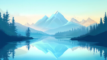 Beautiful mountain lake and natural environment in the morning background. tranquil panoramic mountainous and nature lake shore scenery. picturesque generative ai. Mountain Lake. Illustration