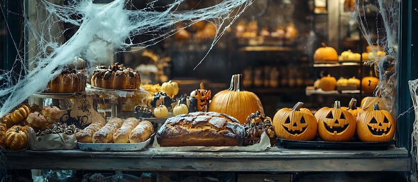 Rustic bakery themed for Halloween, featuring cobwebbed windows and pumpkin loaves.