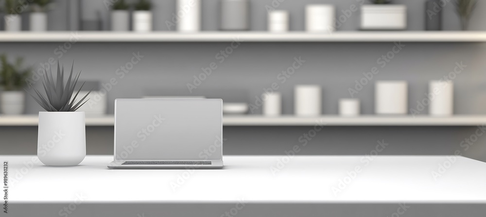 Poster home office setup a blurred background of floating shelves using selective focus to highlight a clea