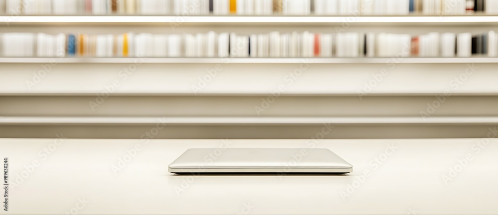 Poster home office setup a blurred background of floating shelves using selective focus to highlight a clea