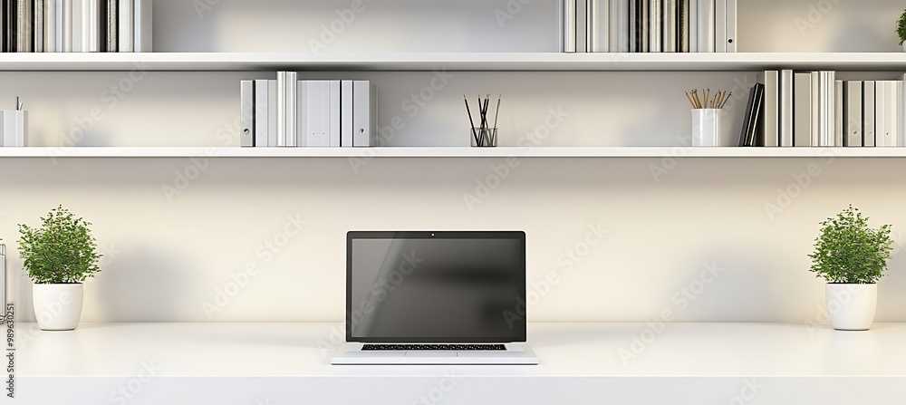 Poster home office setup a blurred background of floating shelves using selective focus to highlight a clea