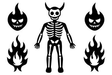 Set of various Skeleton. Human skeletons with pumpkin head, eyepatch, horns and flame. Hand drawn modern Vector illustration. Isolated design templates. Cute creepy characters. Halloween concept