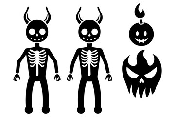 Set of various Skeleton. Human skeletons with pumpkin head, eyepatch, horns and flame. Hand drawn modern Vector illustration. Isolated design templates. Cute creepy characters. Halloween concept