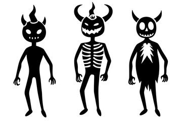 Set of various Skeleton. Human skeletons with pumpkin head, eyepatch, horns and flame. Hand drawn modern Vector illustration. Isolated design templates. Cute creepy characters. Halloween concept