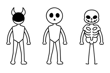 Set of various Skeleton. Human skeletons with pumpkin head, eyepatch, horns and flame. Hand drawn modern Vector illustration. Isolated design templates. Cute creepy characters. Halloween concept