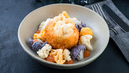 Snack breaded mozzarella cheese ball with cauliflower and sauce in a bowl.