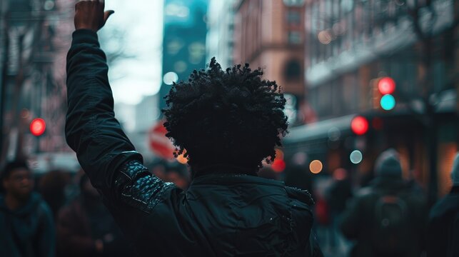 A person participating in a protest against racial profiling and advocating for police accountability and reform.