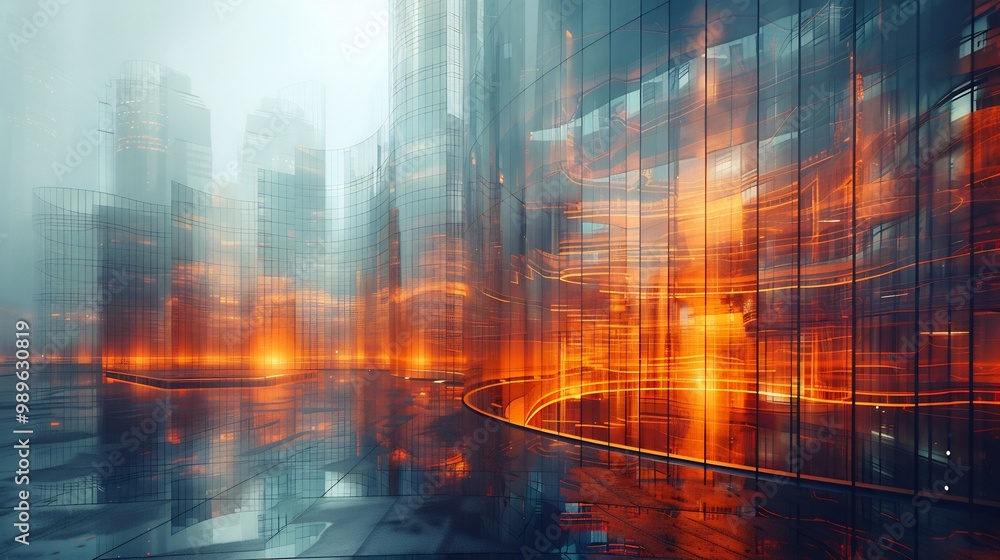 Poster long exposure capture of futuristic open workspace with curved desks and glowing walls softly blurre
