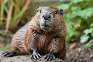 Wild Beaver on a Log in Nature