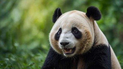 Obraz premium Panda in forest setting, sitting with black and white fur pattern, no visible people