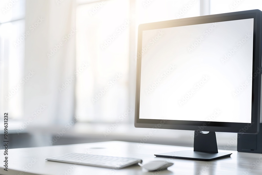 Poster minimalist home office desk shot through frosted glass window creating a soft blurry filter effect t