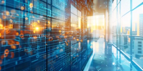 Fototapeta premium Longexposure shot of futuristic standing desk in a corporate office capturing movement through holographic screens with a blurred flowing background