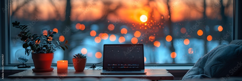 Poster minimalist home office a blurred focus on the workspace captured at dusk with low light filtering in