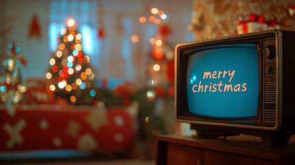 A nostalgic 90s television displays festive cheer with merry christmas in a cozy, decorated living room during the holiday season