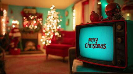 A nostalgic 90s television displays festive cheer with merry christmas in a cozy, decorated living room during the holiday season