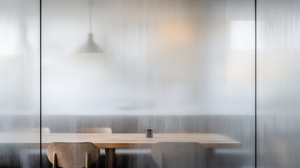 Minimalist office space captured through foggy window with blurred lighting and soft focus on the desk creating a calm and introspective workspace