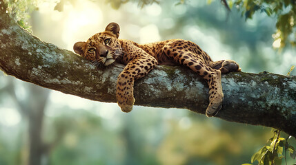 Fototapeta premium Leopard on Branch at Sunset: A majestic leopard rests on a sturdy branch, bathed in the warm glow of the setting sun, a captivating image of wildlife serenity. 