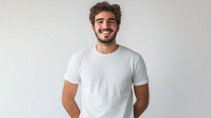 Fototapeta premium Young Turkish man smiling in white t-shirt on white background. Studio photography. Mockup Template