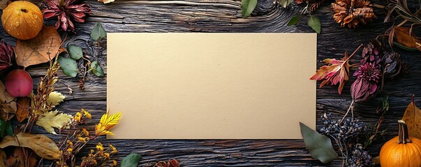 Thanksgiving card mockup decorated with herbal flowers on a rustic wooden surface.
