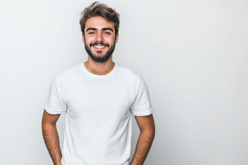Obraz premium Young Turkish man smiling in white t-shirt on white background. Studio photography. Mockup Template