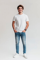 Obraz premium Young Turkish man smiling in white t-shirt on white background. Studio photography. Mockup Template