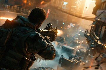 action shooter AAA videogame gameplay with information datum design for console or web 3.0 playing to earn gaming crypto tokens