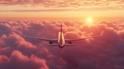 Commercial aircraft carrying passengers soaring above clouds during dusk. idea of quick travel, vacations, and work. 