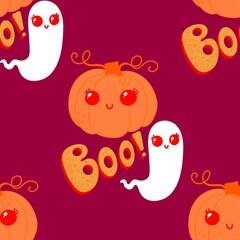 Fototapeta premium Halloween cute pumpkins seamless monsters pattern for wrapping paper and fabric