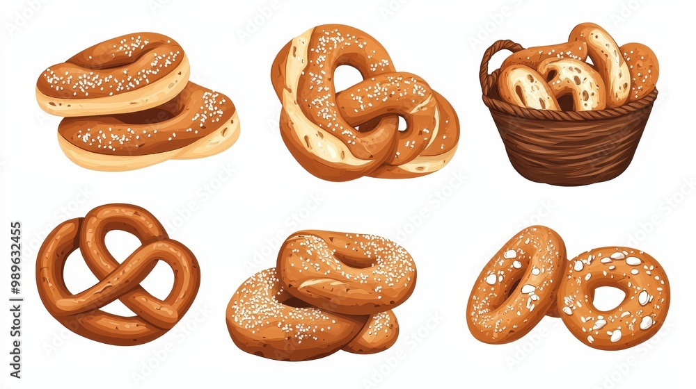 Poster soft pretzel buns collection - vector illustrations with various perspectives and transparent backgr