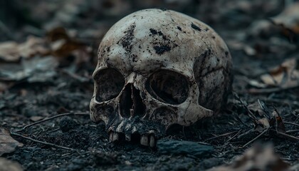 Close-up of a skull on the ground, themed for Halloween and study.