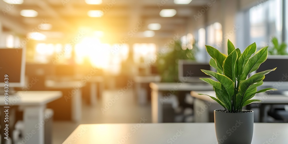 Poster modern office cubicles captured through lens blur effect creating a peaceful uncluttered view of a c