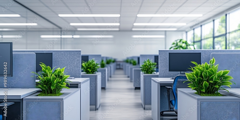 Poster modern office cubicles captured through lens blur effect creating a peaceful uncluttered view of a c