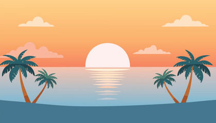 vibrant tropical ocean sunset with palm trees on the shore under a warm orange sky with fluffy clouds, vector illustration