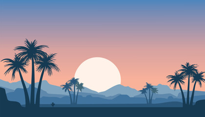 Print Lush palm silhouettes against a dusk sky in joshua tree national park