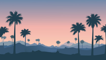 Print Lush palm silhouettes against a dusk sky in joshua tree national park