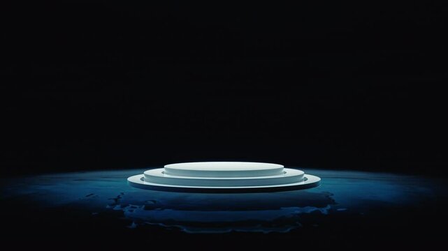 Minimalist 3D platform with subtle lighting on water in a dark, moody setting. Perfect for high-end product displays, intros, or digital presentations in a sleek, modern environment