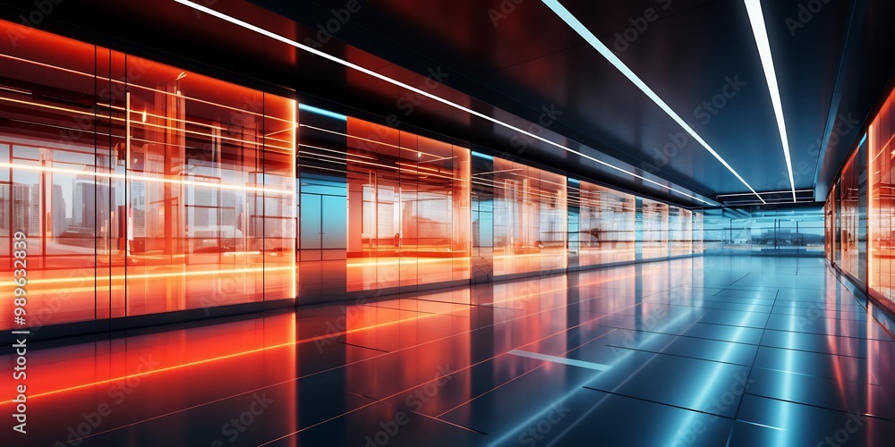 Poster motion blur capturing futuristic office environment with smart glass walls and glowing neon paths cr