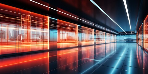 Obraz premium Motion blur capturing futuristic office environment with smart glass walls and glowing neon paths creating a fastpaced futuristic vibe