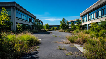 Obraz premium A North American office park with multiple buildings for lease parking lots empty and overgrown vegetation.