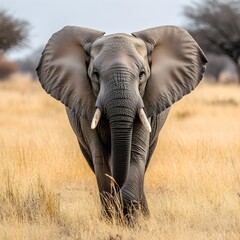 Fototapeta premium Endearing elephant walking through open, lush natural landscape image