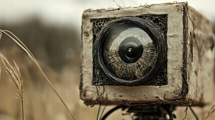 The Watcher: A weathered, mechanical eye stares out from a dusty, rusted casing, its gaze unwavering and unsettling, creating a haunting and mysterious scene.  