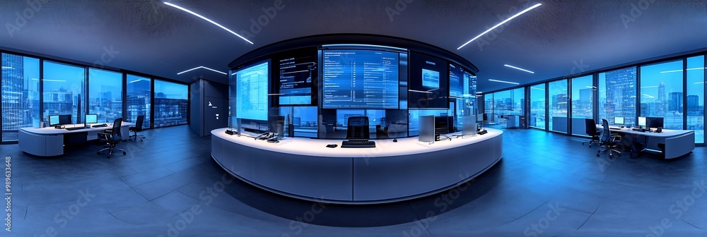 Poster motionblurred futuristic office captured through fisheye lens with soft glowing desks and flowing di