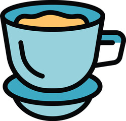 Simple vector illustration of a blue coffee cup filled with coffee on a saucer, isolated on a white background