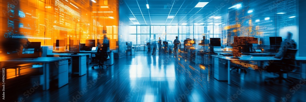 Poster motionblurred futuristic office captured through fisheye lens with soft glowing desks and flowing di