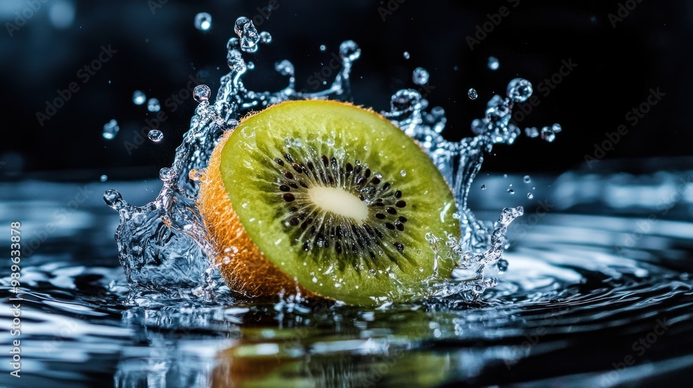 Poster a kiwi fruit splashes into water, creating dynamic ripples and droplets.