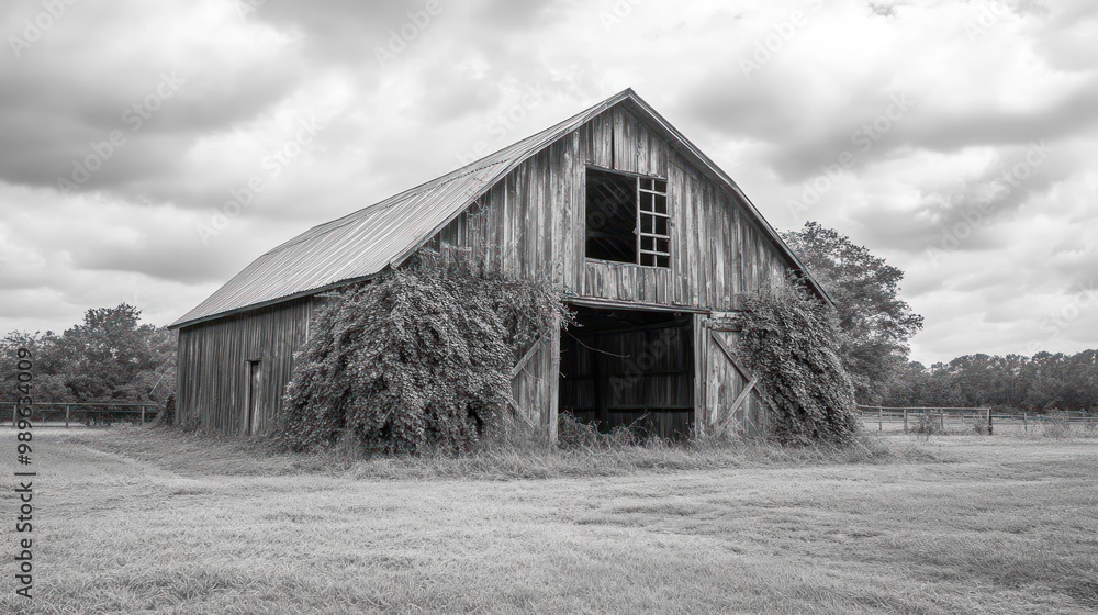 Poster A weathered barn overgrown with vegetation, set against a cloudy sky.