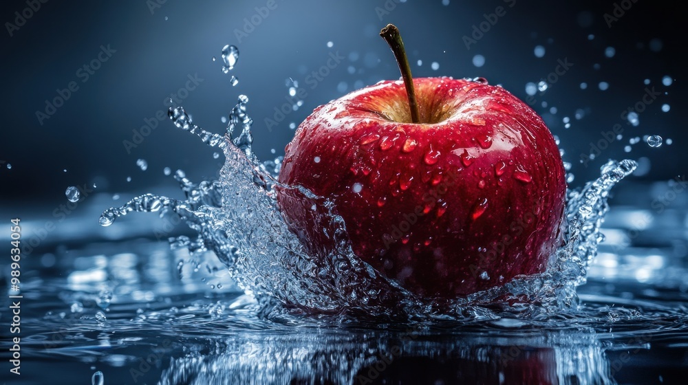 Poster a vibrant red apple splashes into water, creating dynamic droplets and ripples.