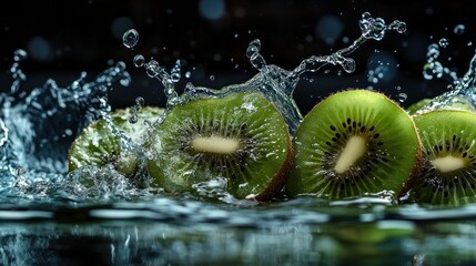 Slices of kiwi create a splash in water, showcasing freshness and vitality.